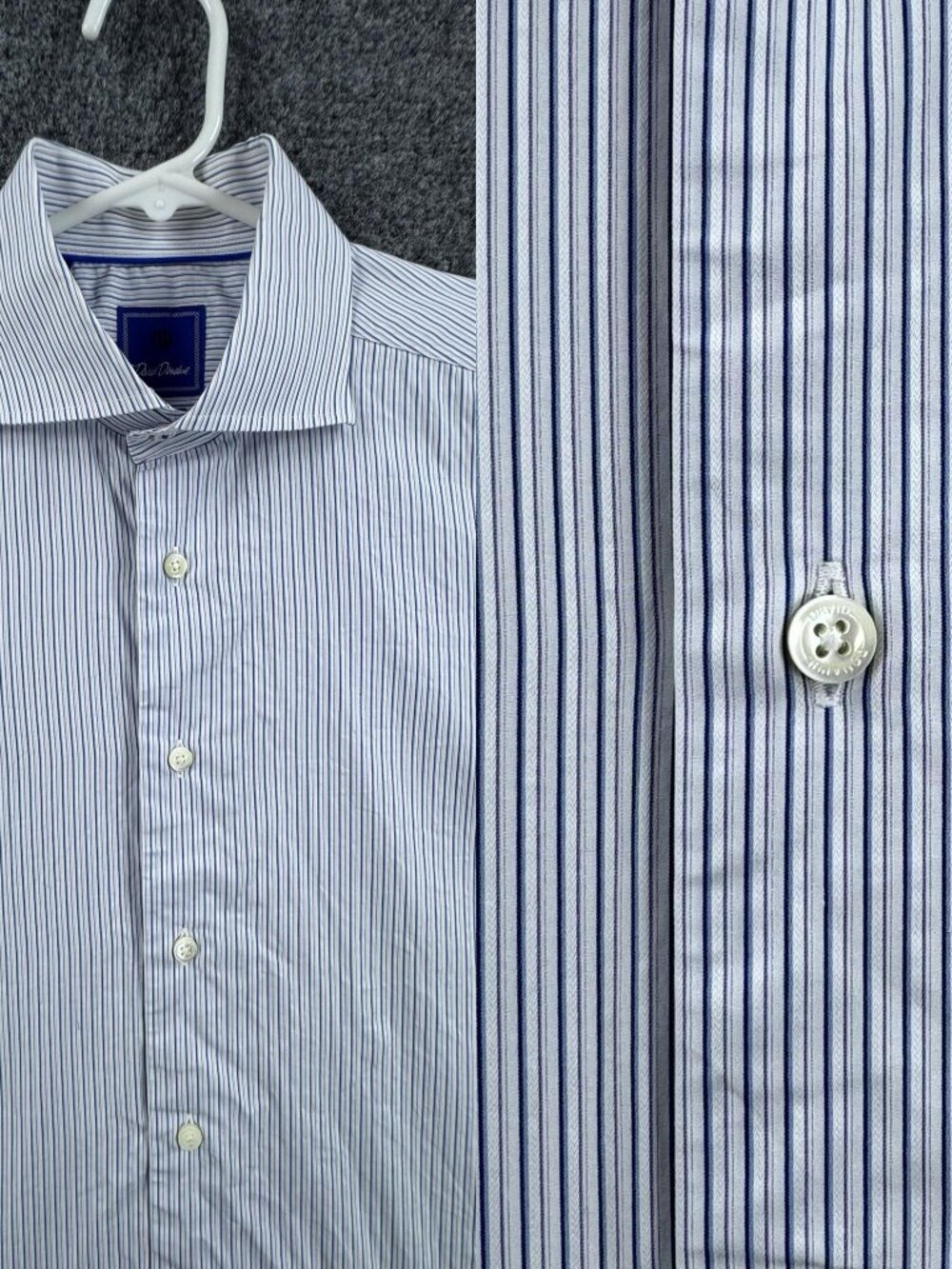 David Donahue Trim Logo 17 32/33 Striped White Blue Mens Button Up Long Sleeve